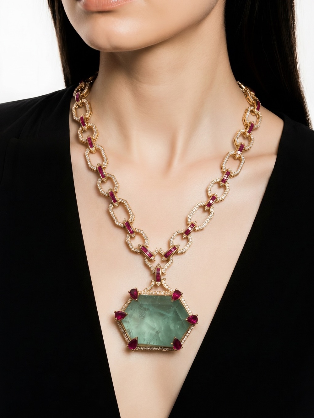 Gold plated Chain Necklace with Green Hexagon Pendant and Pink Accents